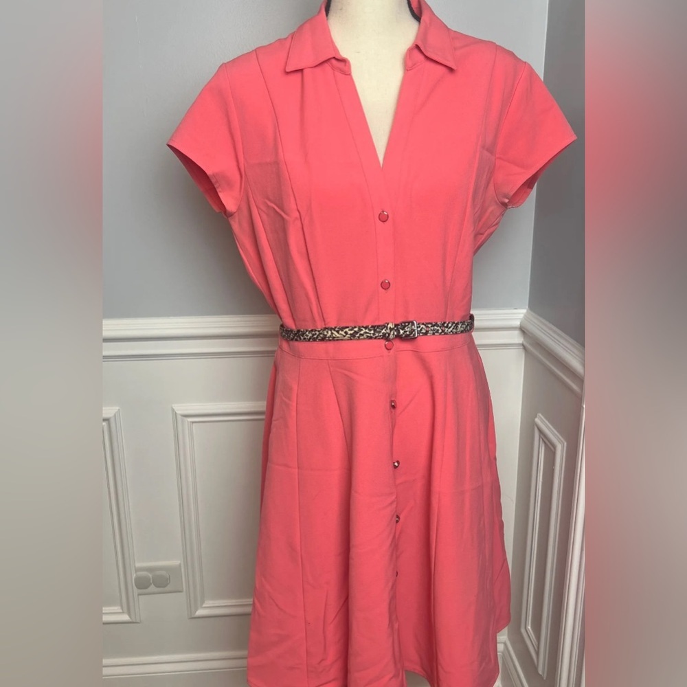 New York and Co Pink Stretch Button-Down Dress with Belt Size M